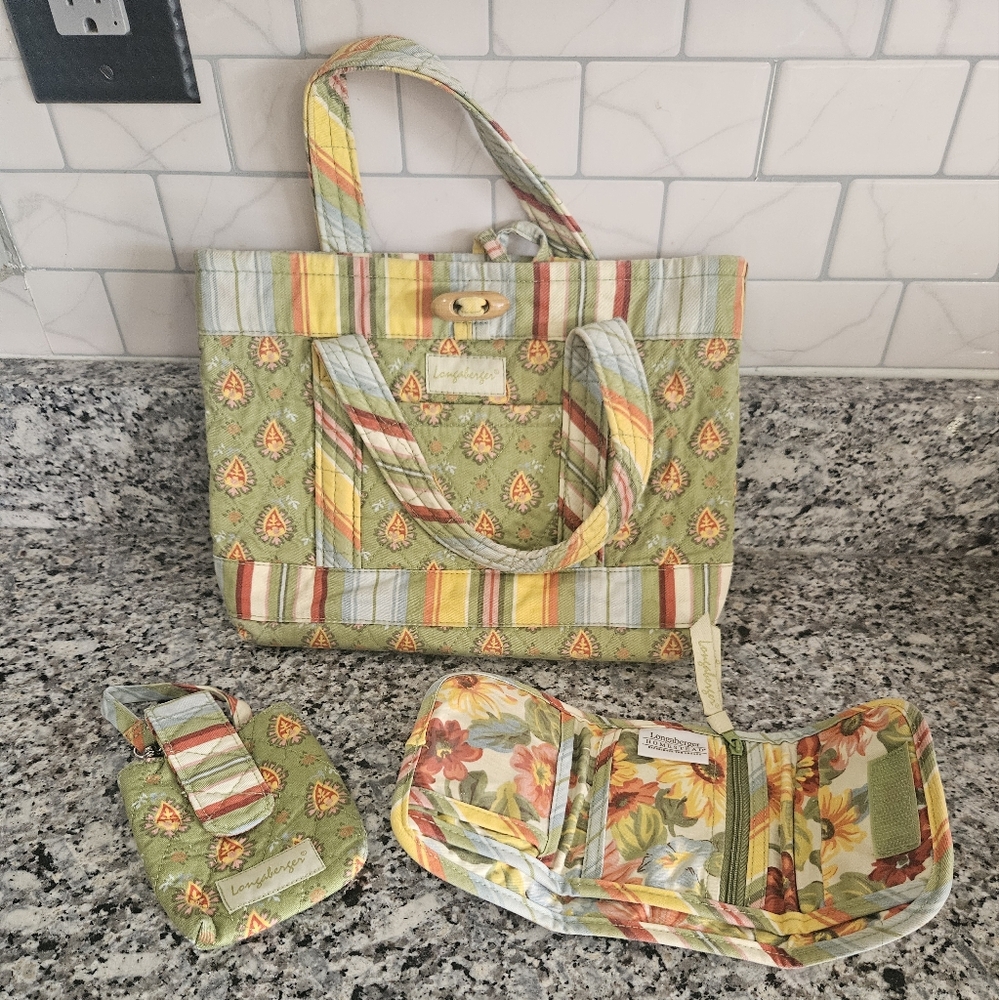 Longaberger Green and Yellow Floral Tote Set